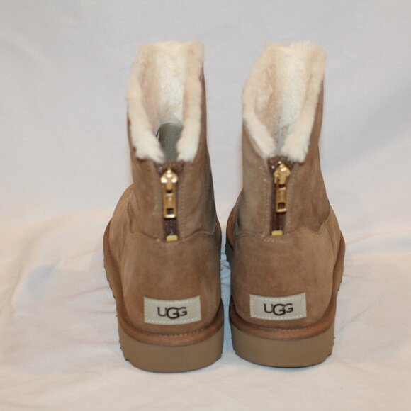 UGG WOMEN'S MINI ZIP SUEDE SHEARLING LINED ANKLE BOOTS CHESTNUT NEW - Picture 7 of 10